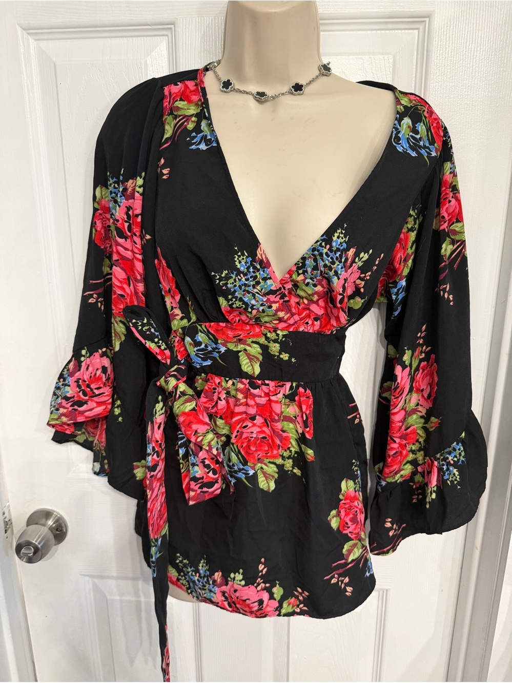Betsey Johnson Black Floral Wrap Tunic with Pink & Green Accents